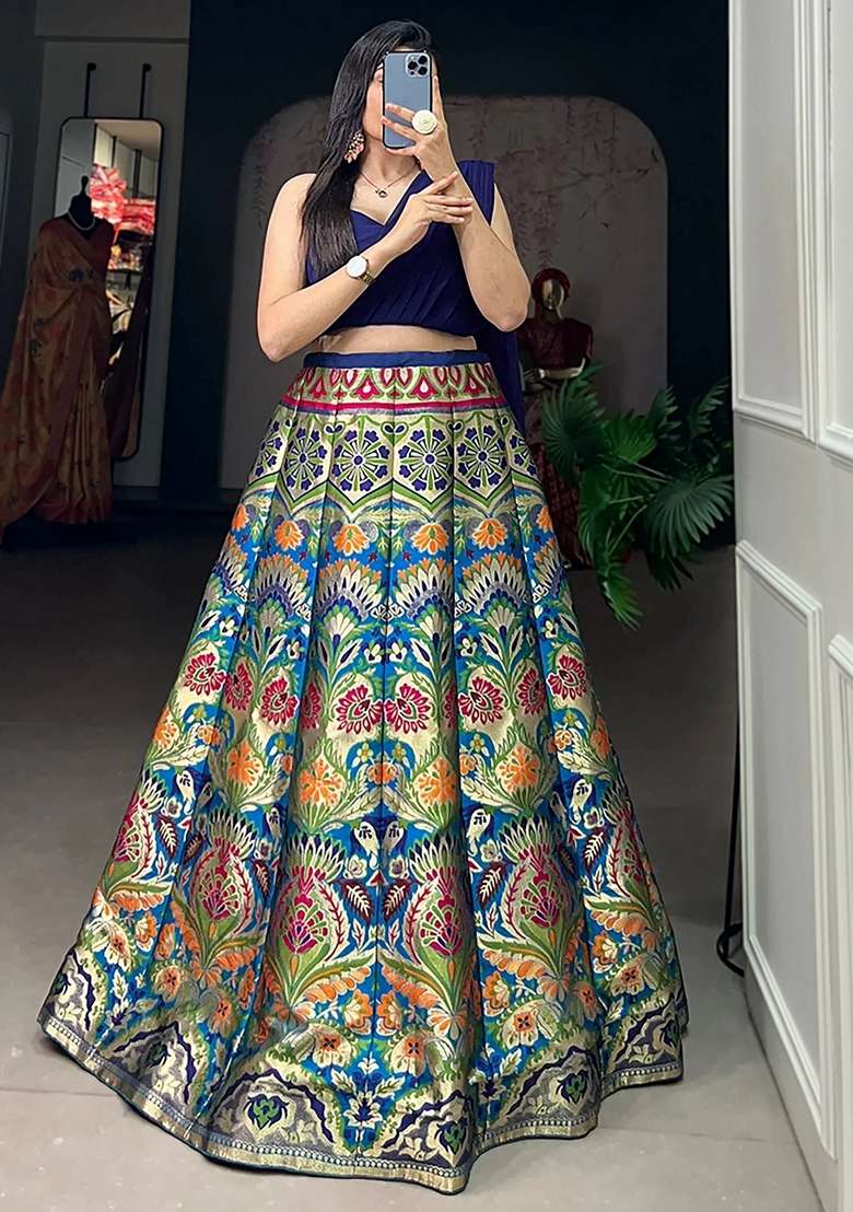 Blue Zari Work Silk Blend Lehenga Set for Diwali and Festive Wear - Indya
