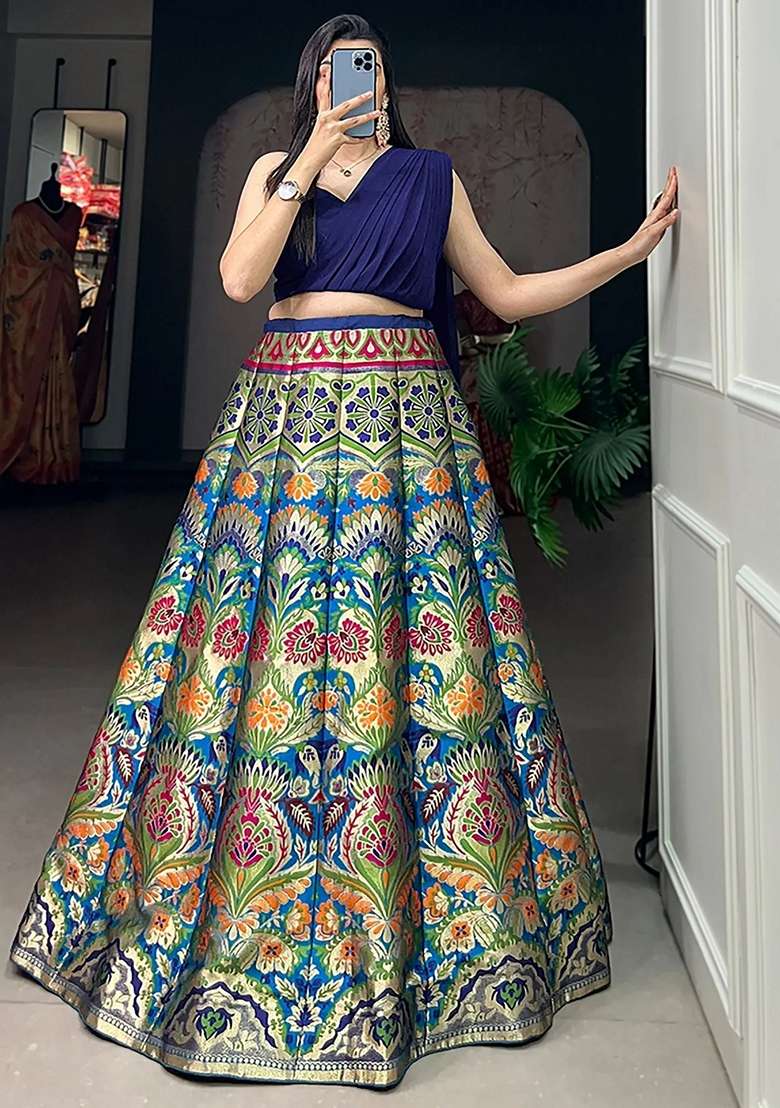 Blue Zari Work Silk Blend Lehenga Set for Diwali and Festive Wear - Indya