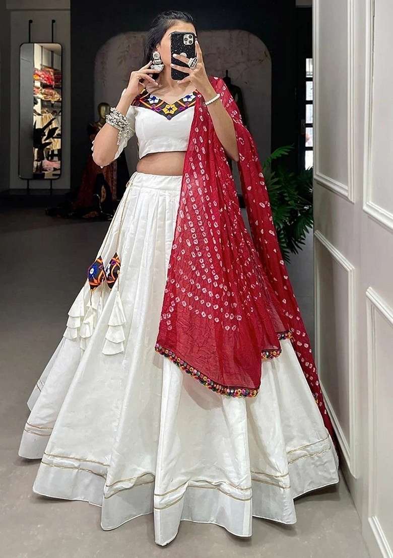 White Gota Patti Cotton Chaniya Choli Set For Navratri And Garba for Diwali and Festive Wear - Indya