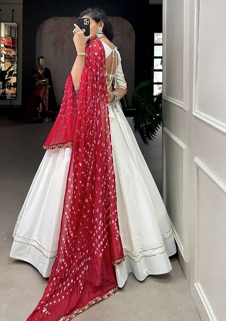 White Gota Patti Cotton Chaniya Choli Set For Navratri And Garba for Diwali and Festive Wear - Indya