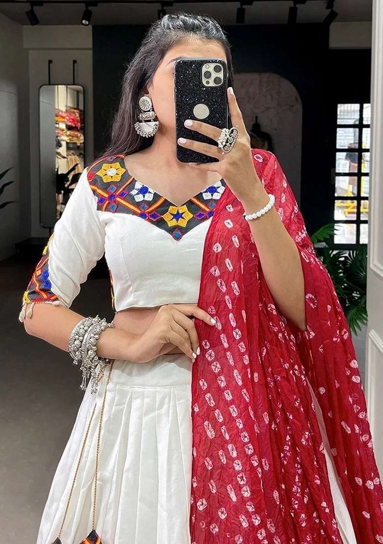 White Gota Patti Cotton Chaniya Choli Set For Navratri And Garba for Diwali and Festive Wear - Indya