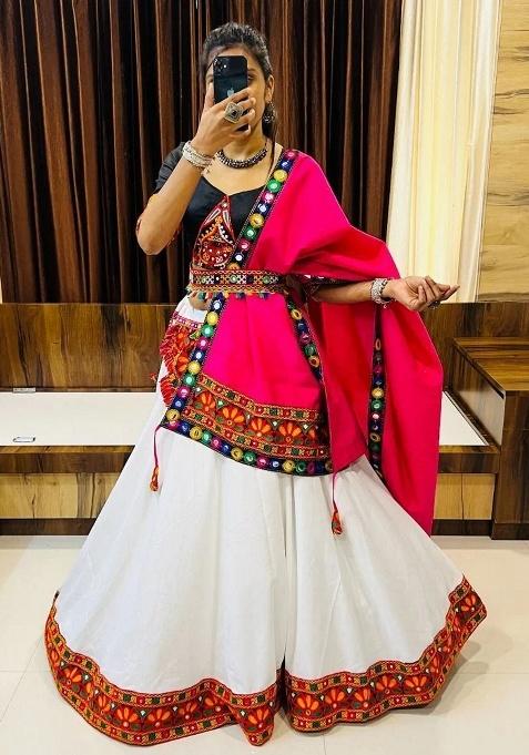 White Mirror Work Cotton Lehenga Set