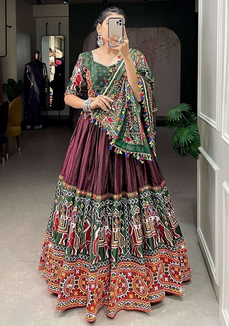 Brown Silk Blend Lehenga Set with Mirror Work for Diwali | Wedding & Festive Wear - Indya