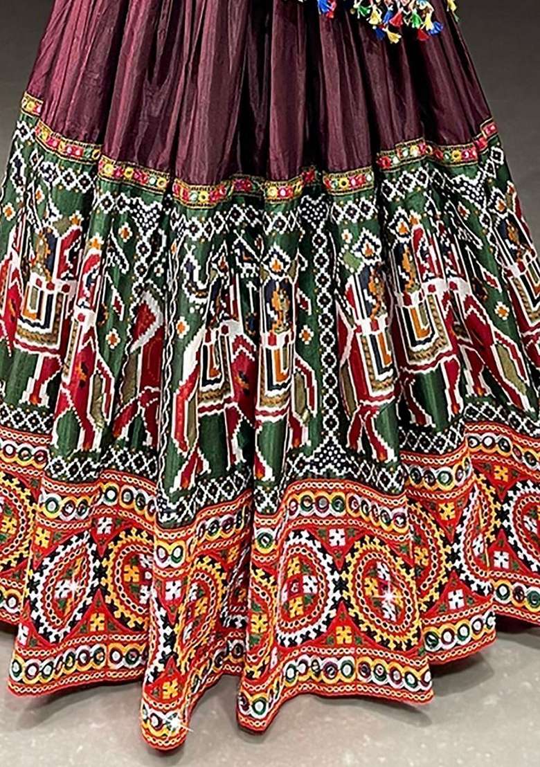 Brown Silk Blend Lehenga Set with Mirror Work for Diwali | Wedding & Festive Wear - Indya