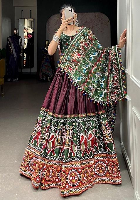 Brown Mirror Work Silk Lehenga Set — view on Indya
