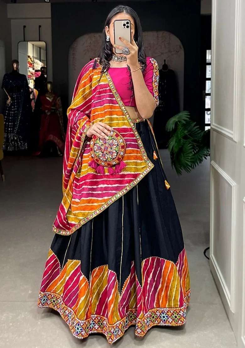 Black Gota Patti Cotton Chaniya Choli Set For Navratri And Garba - Indya