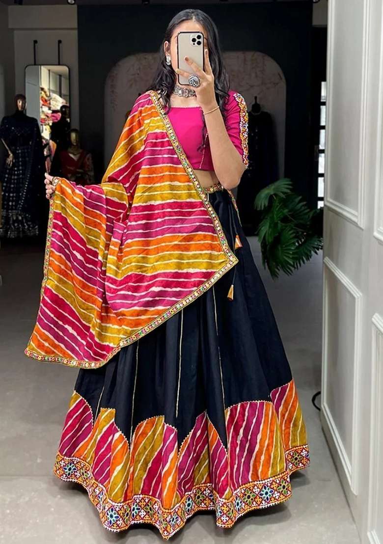Black Gota Patti Cotton Chaniya Choli Set For Navratri And Garba - Indya