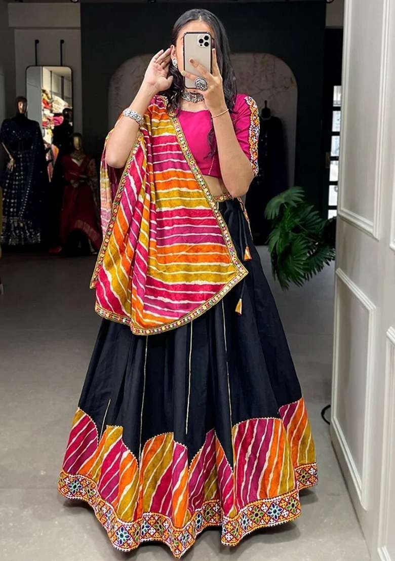 Black Gota Patti Cotton Chaniya Choli Set For Navratri And Garba - Indya