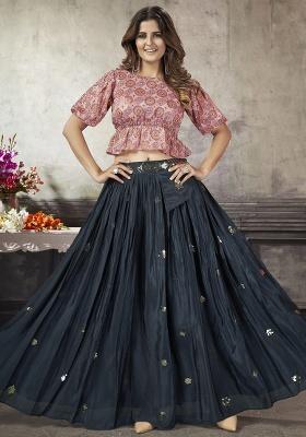 Navy Blue Embroidery Silk Lehenga Set