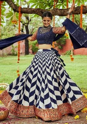 Navy Blue Embroidery Cotton Lehenga Set