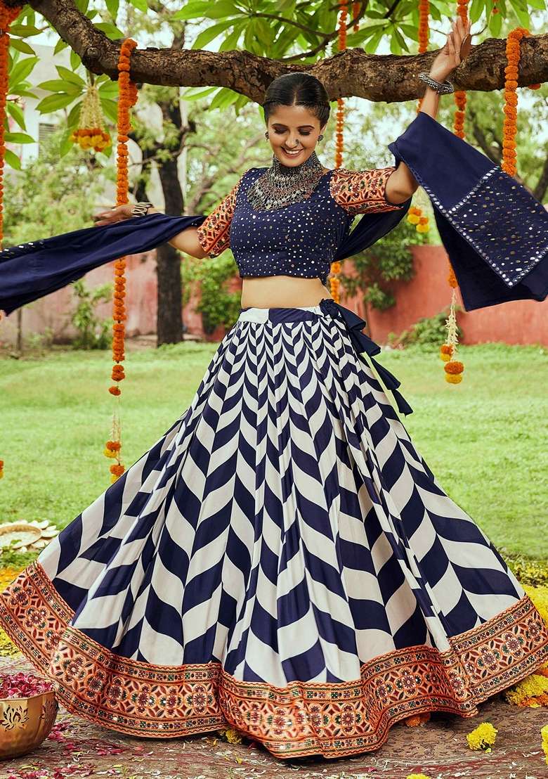Navy Blue Embroidery Cotton Lehenga Set - Indya