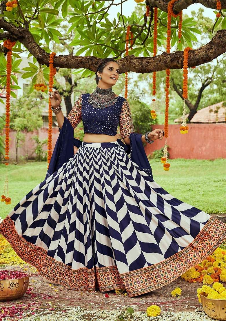 Navy Blue Embroidery Cotton Lehenga Set - Indya
