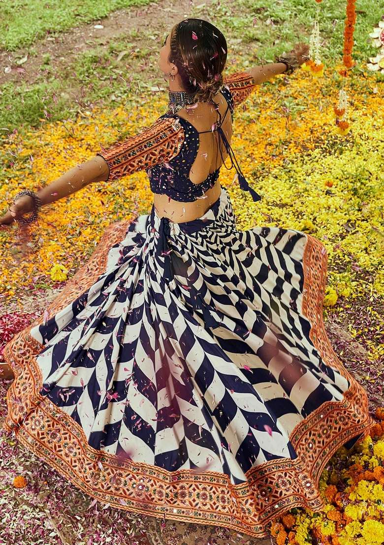 Navy Blue Embroidery Cotton Lehenga Set - Indya