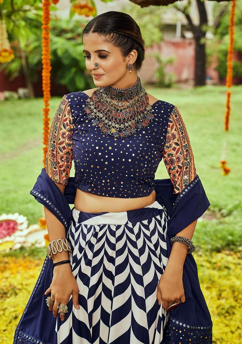 Navy Blue Embroidery Cotton Lehenga Set - Indya