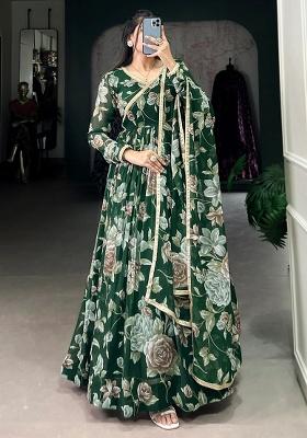 Green Floral Print Georgette Lehenga Set