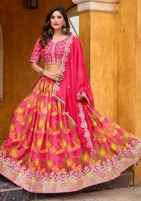 Olive Green Embroidery Silk Lehenge Set