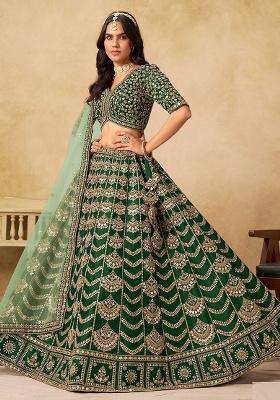 Mustard And Green Embroidery Silk Lehenge Set
