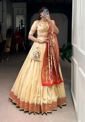 Cream Zari Weaving Silk Lehenge Set