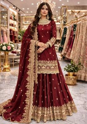 Maroon Thread Work Satin Lehenga Set