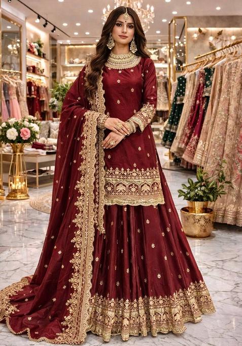 Maroon Thread Work Satin Lehenga Set — view on Indya