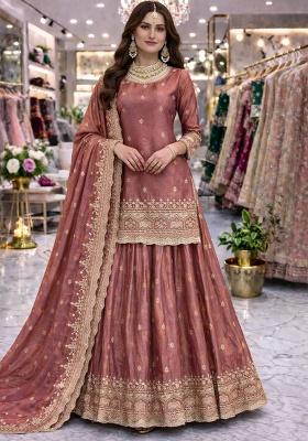 Onion Thread Work Satin Lehenga Set