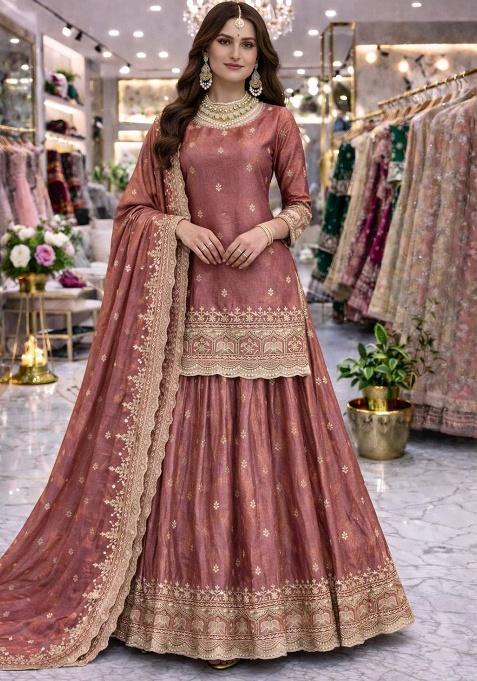 Onion Thread Work Satin Lehenga Set — view on Indya