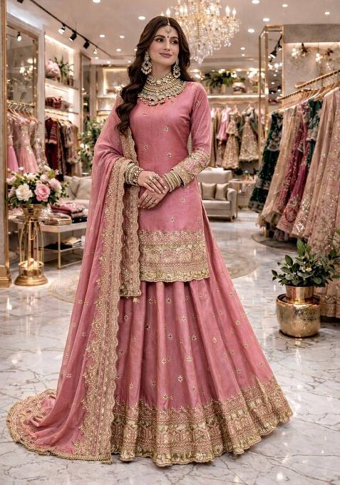 Pink Thread Work Satin Lehenga Set — view on Indya