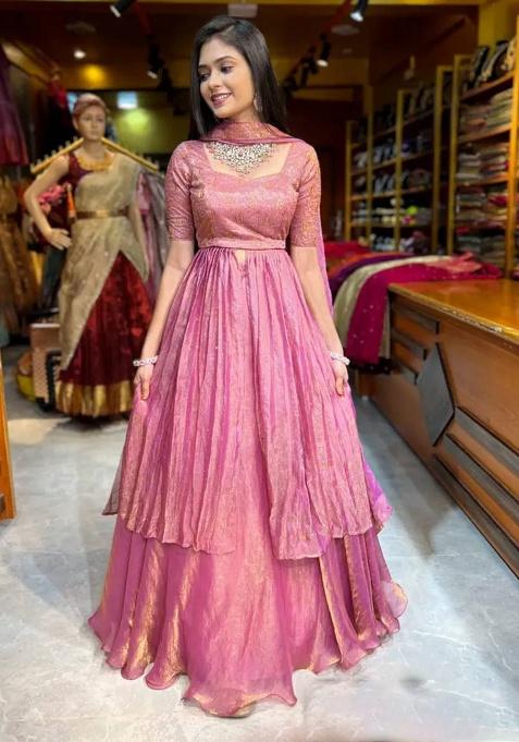 Pink Thread Work Satin Lehenga Set — view on Indya