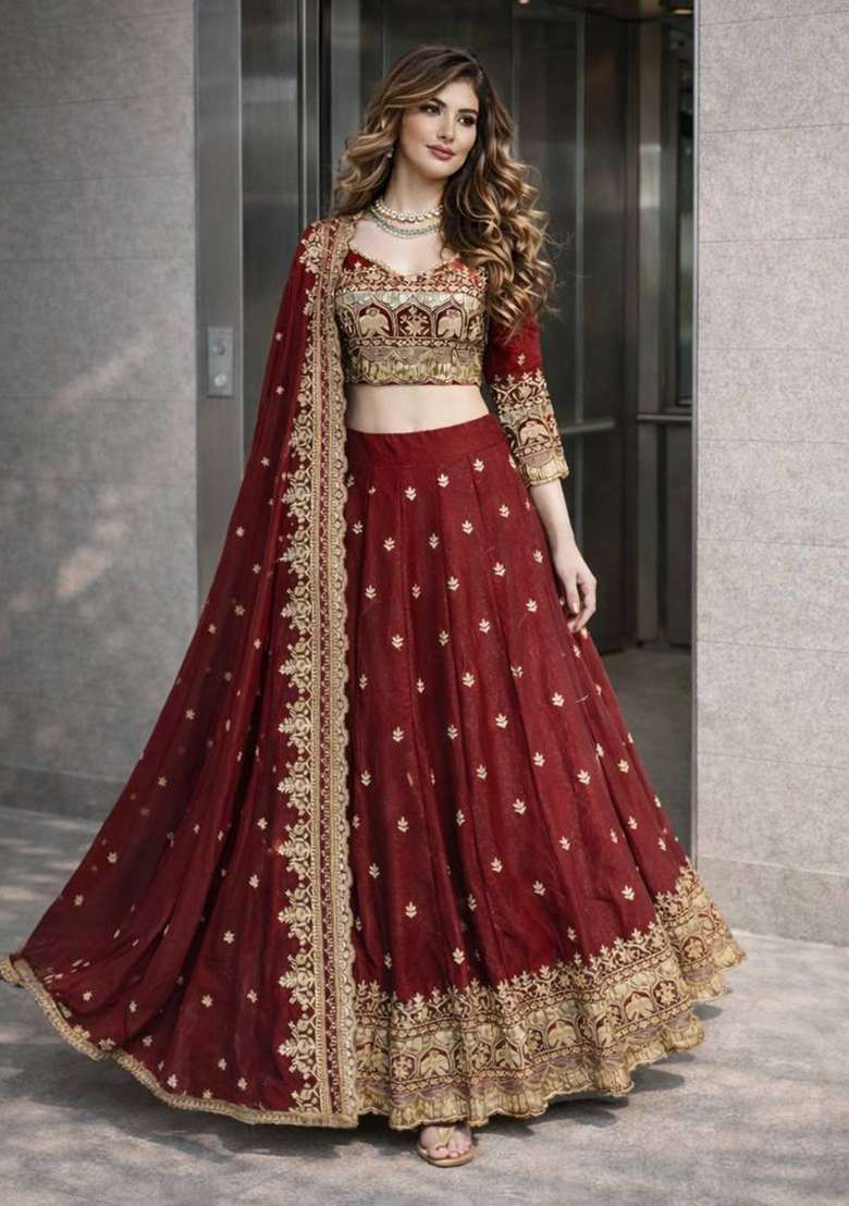 Maroon Satin Lehenga Set with Thread Work for Diwali | Wedding & Festive Wear - Indya