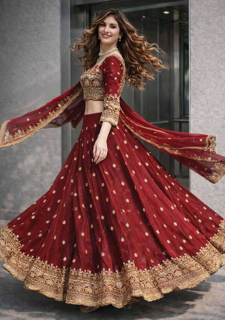 Maroon Satin Lehenga Set with Thread Work for Diwali | Wedding & Festive Wear - Indya