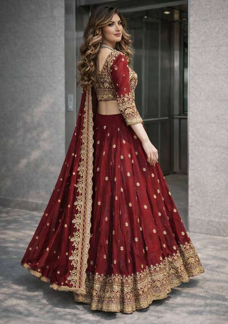 Maroon Satin Lehenga Set with Thread Work for Diwali | Wedding & Festive Wear - Indya