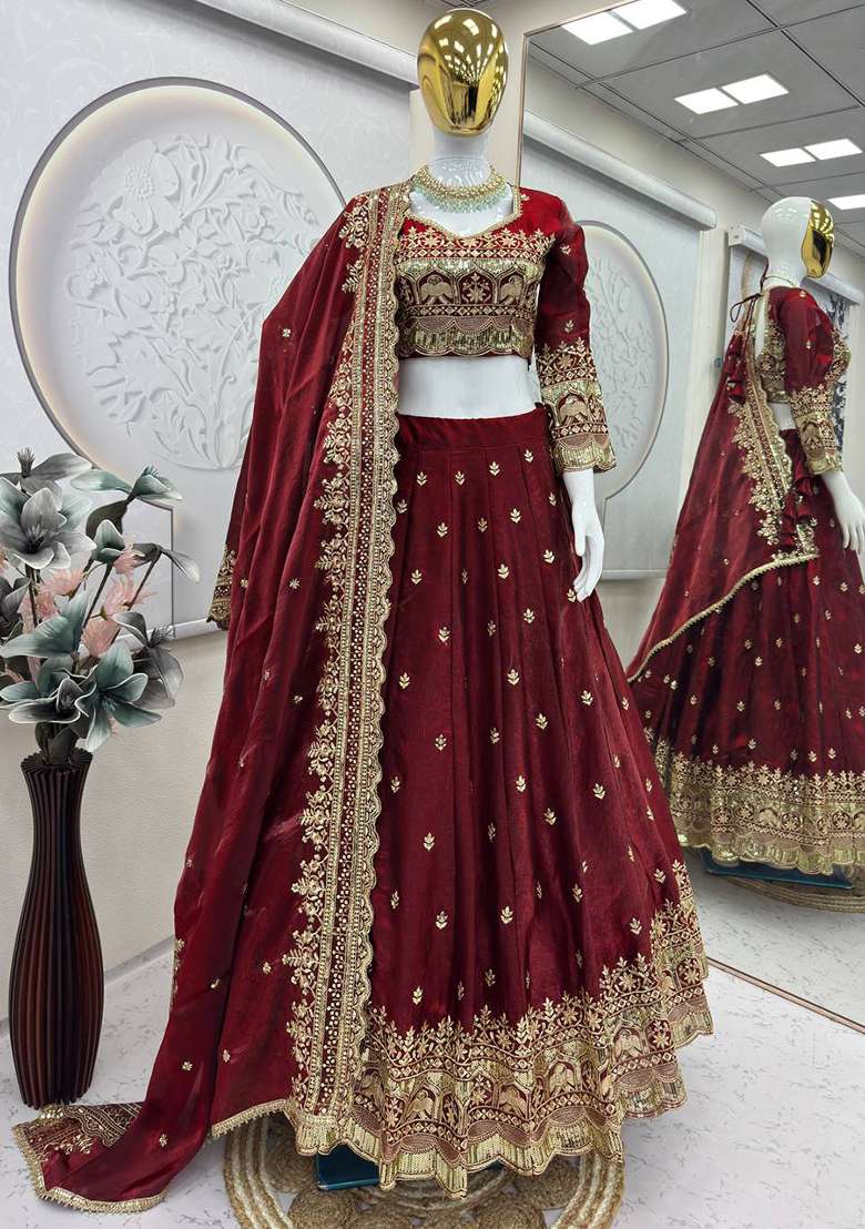 Maroon Satin Lehenga Set with Thread Work for Diwali | Wedding & Festive Wear - Indya