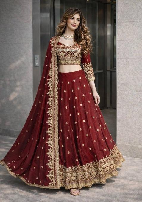 Maroon Thread Work Satin Lehenga Set
