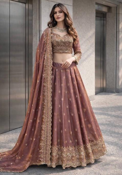 Onion Thread Work Satin Lehenga Set — view on Indya