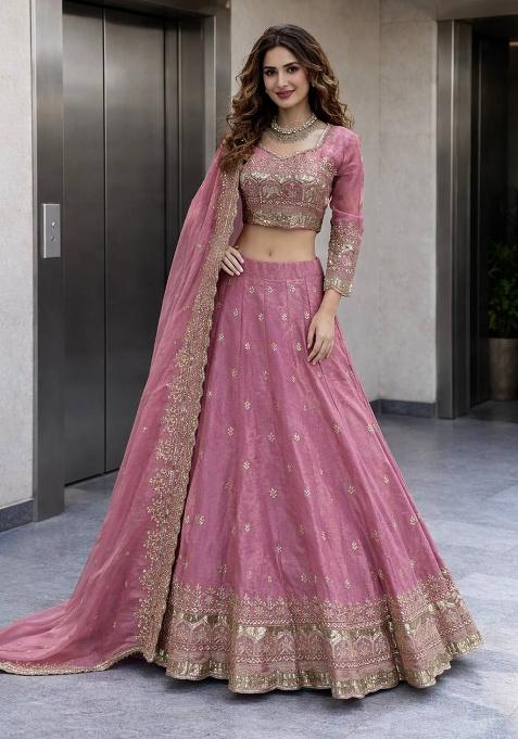 Pink Thread Work Satin Lehenga Set — view on Indya