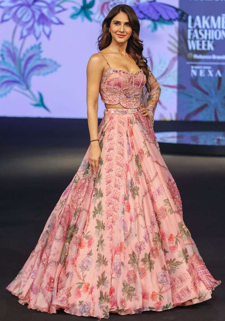 Peach Embroidery Organza Lehenga Set for Diwali and Festive Wear - Indya