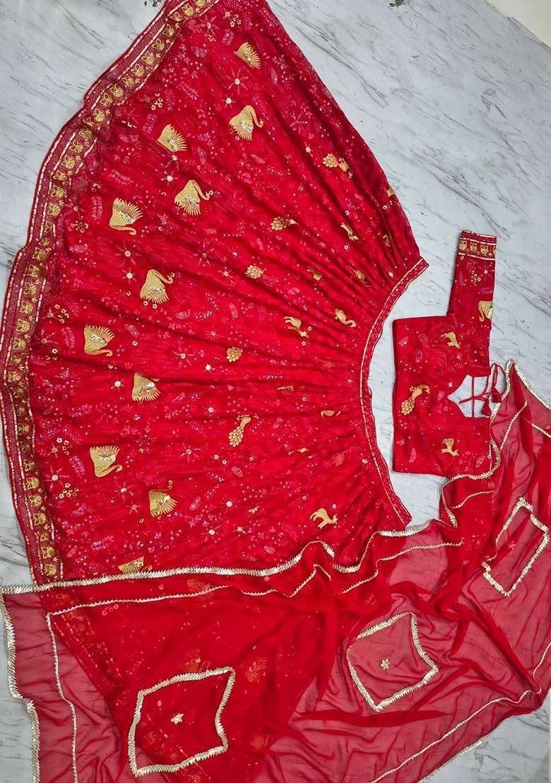 Multicolor Embroidery Georgette Lehenga Set for Diwali and Festive Wear - Indya