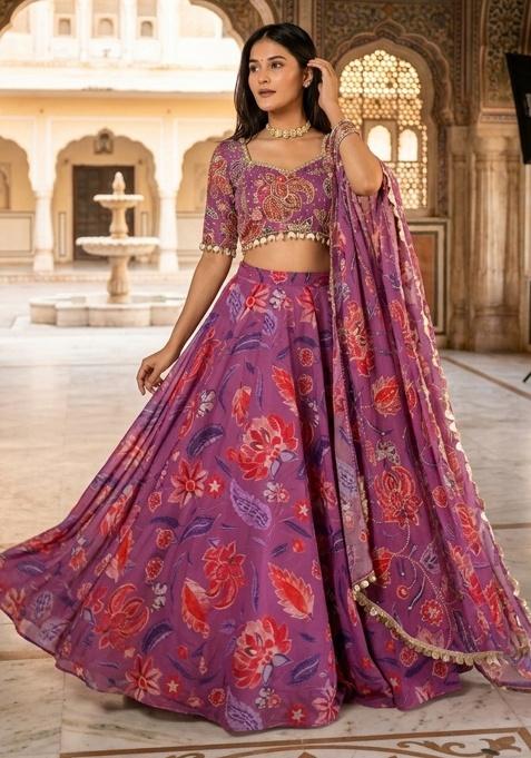Multicolor Floral Print Georgette Lehenga Set — view on Indya