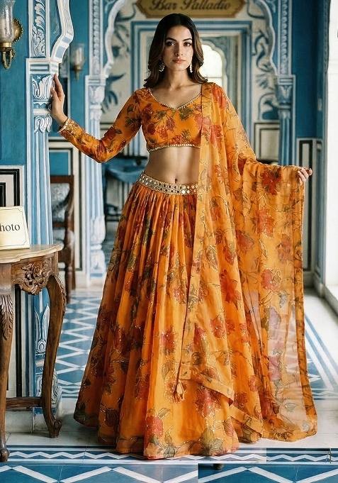 Multicolor Printed Silk Lehenga Set — view on Indya