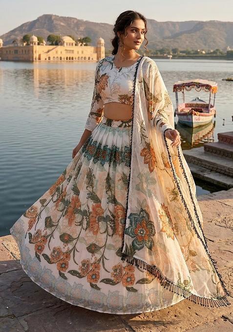 Multicolor Printed Silk Lehenga Set — view on Indya