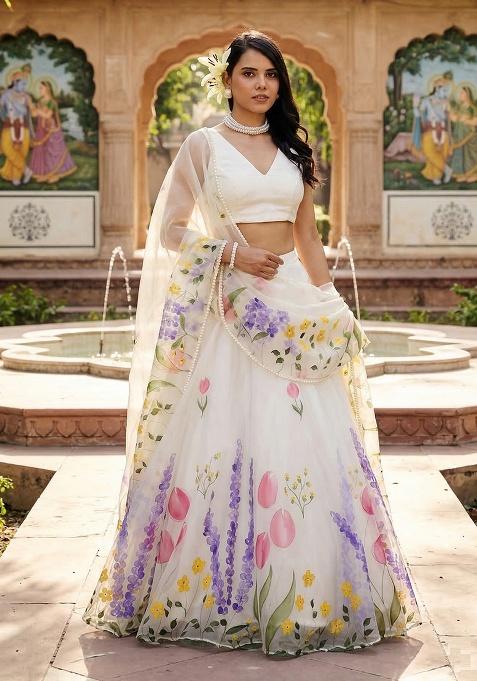 Multicolor Printed Silk Lehenga Set — view on Indya