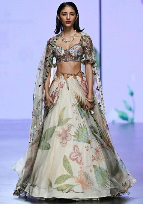 Multicolor Printed Silk Lehenga Set — view on Indya