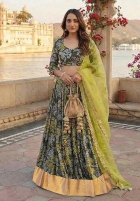 Multicolor Printed Chinon Lehenga Set