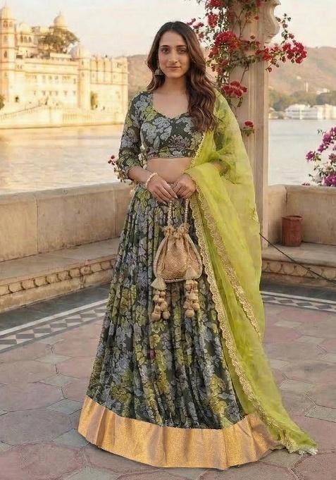 Multicolor Printed Chinon Lehenga Set — view on Indya