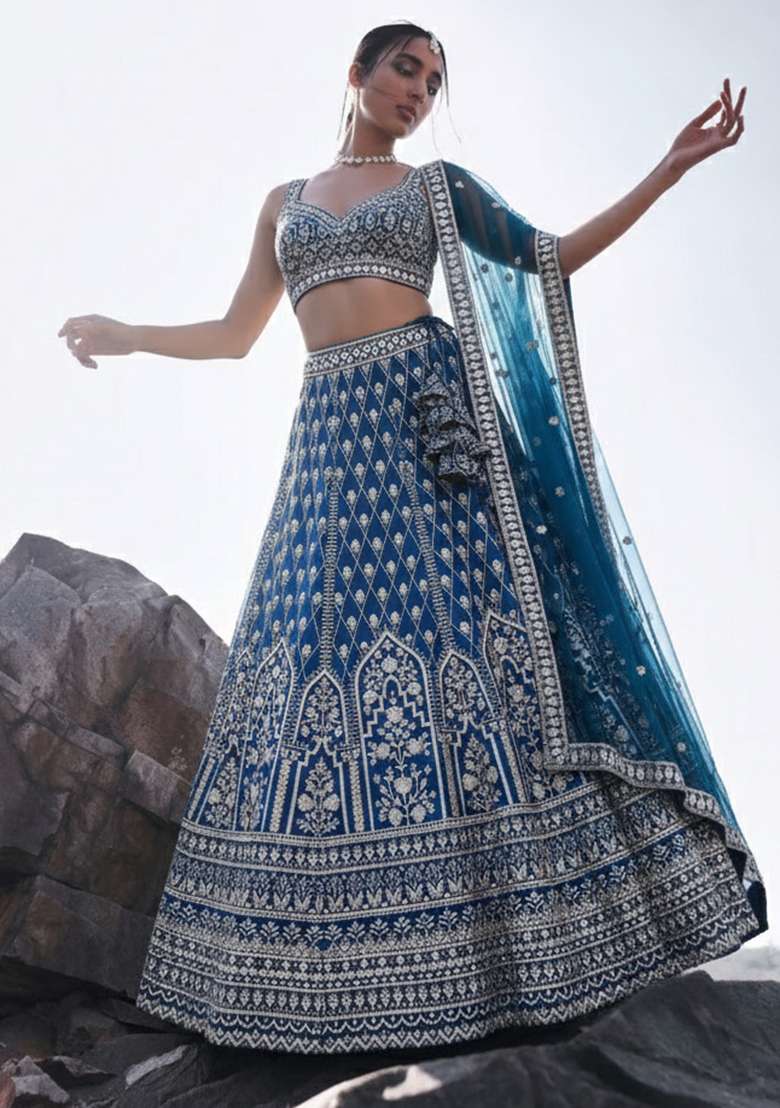 Light Navy Blue Embroidery Georgette Lehenga Set - Indya