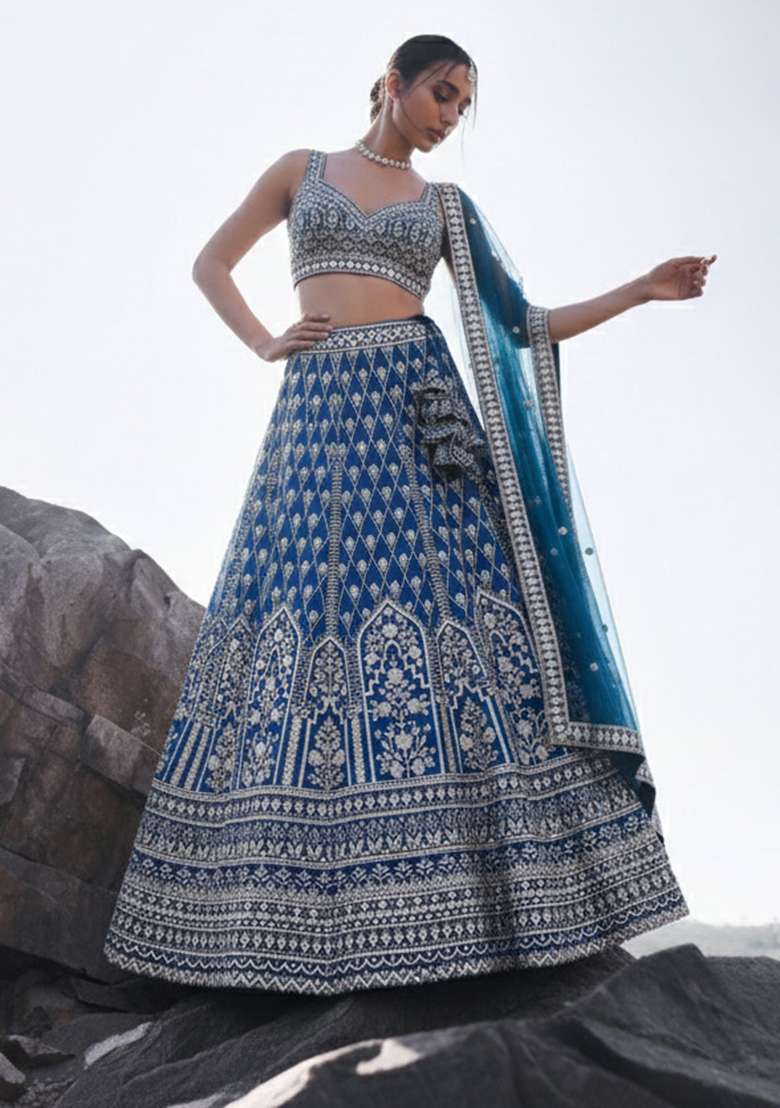 Light Navy Blue Embroidery Georgette Lehenga Set - Indya