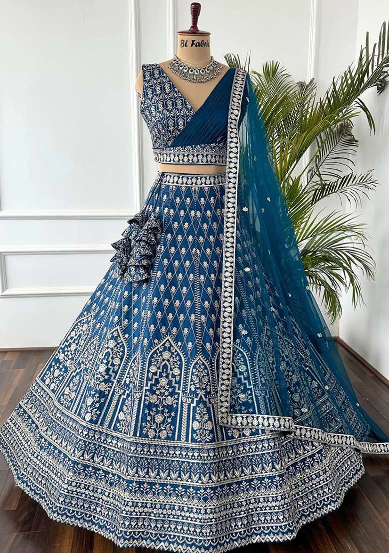 Light Navy Blue Embroidery Georgette Lehenga Set - Indya