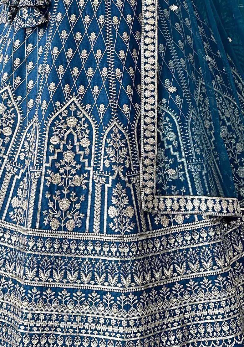 Light Navy Blue Embroidery Georgette Lehenga Set - Indya