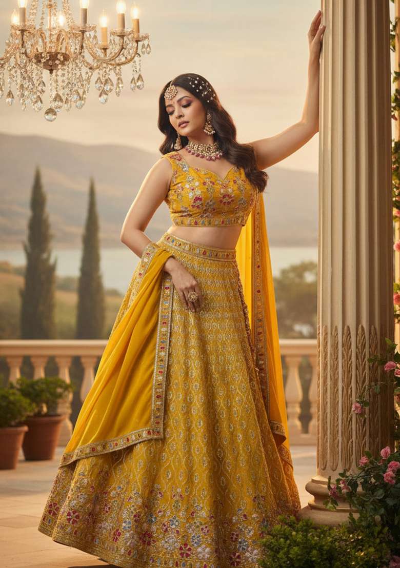 Yellow Georgette Lehenga Set with Embroidery for Diwali | Wedding & Festive Wear - Indya