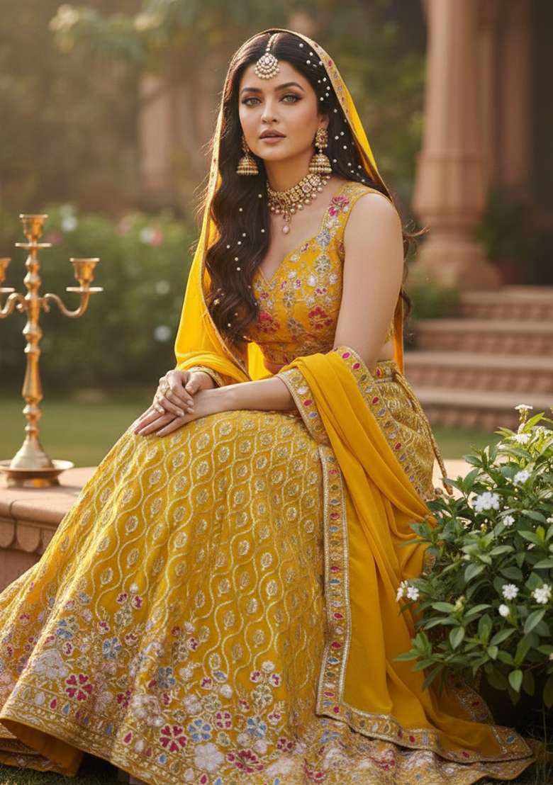 Yellow Georgette Lehenga Set with Embroidery for Diwali | Wedding & Festive Wear - Indya